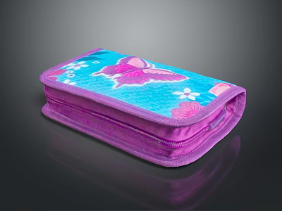 Cute Purple And Blue Butterfly Flower Print Pencil Case With Zipper Closure For Students 3d model