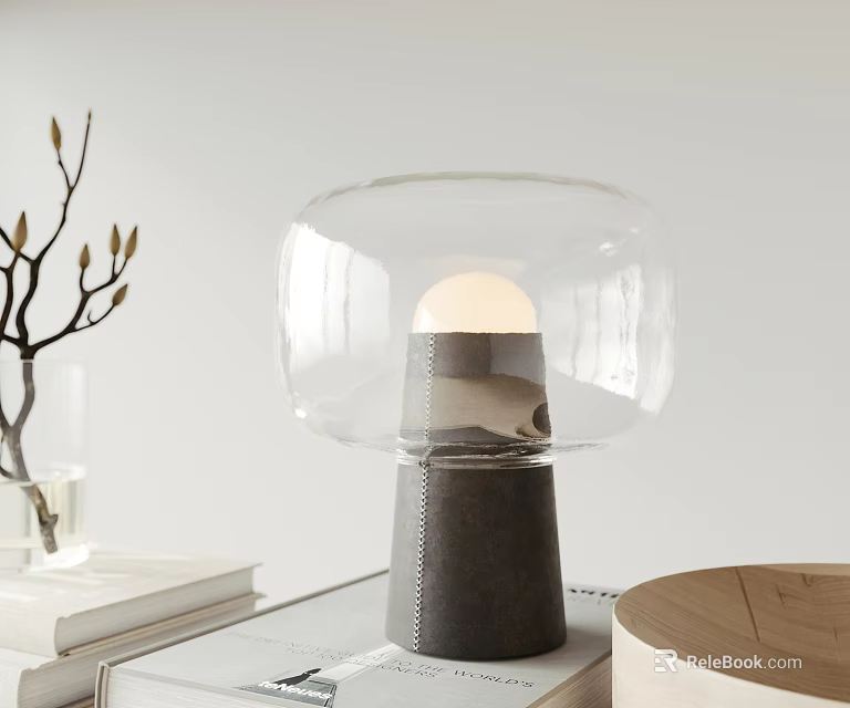 Minimalist Table Lamp With Transparent Glass Shade And Gray Leather Base On White Table 3d model 