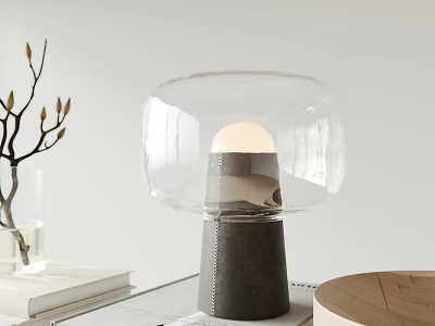 Minimalist Table Lamp With Transparent Glass Shade And Gray Leather Base On White Table 3d model
