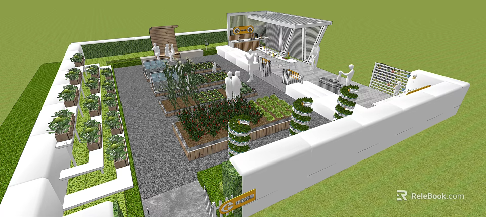 Garden Landscape With Raised Planting Beds Greenery Pathway And Shade Structure 3d model 