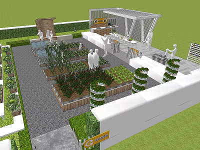 Garden Landscape With Raised Planting Beds Greenery Pathway And Shade Structure 3d model