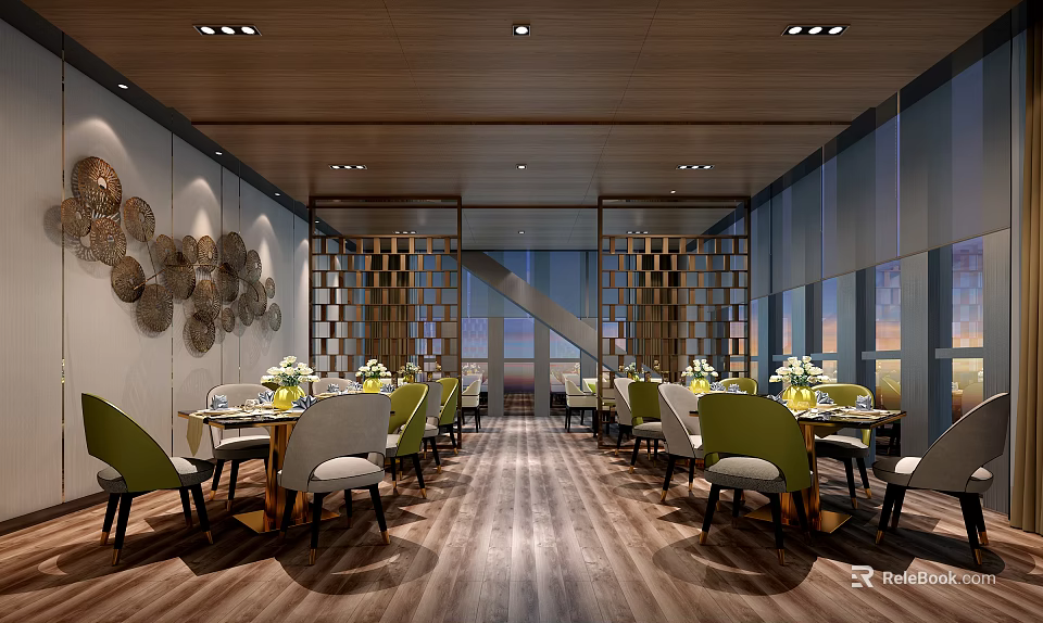 Modern Restaurant Interior With Wooden Flooring Green Gray Chairs Lattice Partition And Circular Wall Decor 3d model 