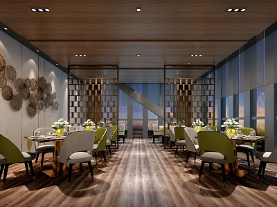 Modern Restaurant Interior With Wooden Flooring Green Gray Chairs Lattice Partition And Circular Wall Decor 3d model