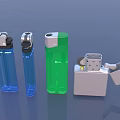 Everyday Household Lighters Including Transparent Blue Green And Silver Metal With Open Lid