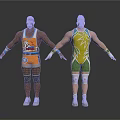 Two Athletic Men In Colorful Wrestling Outfits With Protective Gear Posing
