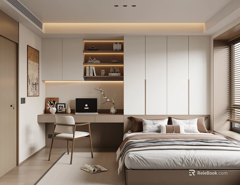 Modern Tatami Bedroom Interior Design With Desk Chair Bookshelf And Window 3d model 