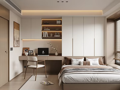 Modern Tatami Bedroom Interior Design With Desk Chair Bookshelf And Window 3d model