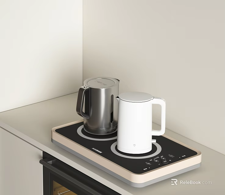 Kitchen Appliances Silver And White Kettles On Black Heating Plate On Counter 3d model 