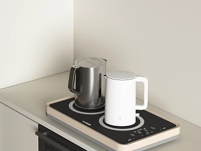 Kitchen Appliances Silver And White Kettles On Black Heating Plate On Counter 3d model