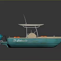 Blue Boat with White Canopy Orange Life Jackets Orange Life Ring and Outboard Motor
