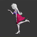 3D Female Character With White Hair Purple Top And Pink Skirt Against Gray Background