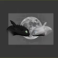 Black and White Dragons With Green and Blue Eyes Facing Each Other Under Full Moon