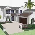 White Exterior Detached Villa With Palm Trees Vintage Car And Landscaped Front Yard