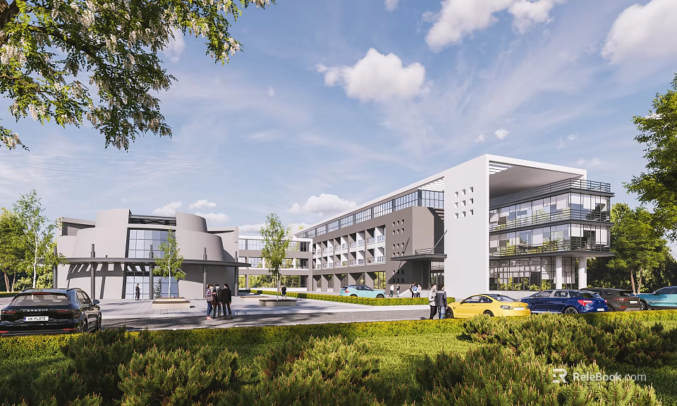 Contemporary Office Building Exterior Featuring Glass Facade Greenery Pedestrians And Parking Area 3d model 
