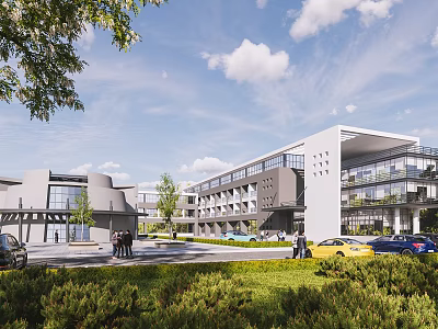 Contemporary Office Building Exterior Featuring Glass Facade Greenery Pedestrians And Parking Area 3d model