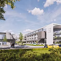 Contemporary Office Building Exterior Featuring Glass Facade Greenery Pedestrians And Parking Area