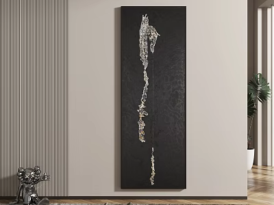Black Long Decorative Painting With Golden Lines On Wall Near Potted Plant And Metal Ornament 3d model