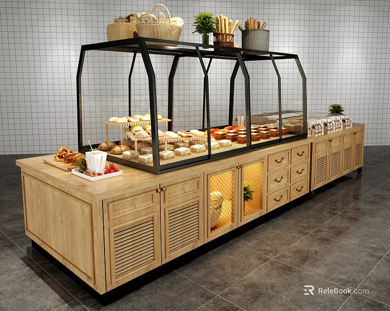 Wooden Display Shelf With Glass Case Bread Pastries Baskets And Plant Decor 3d model 