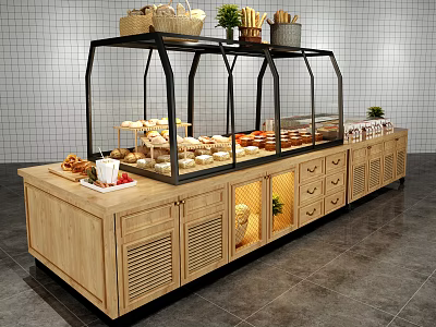 Wooden Display Shelf With Glass Case Bread Pastries Baskets And Plant Decor 3d model