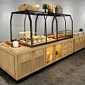 Wooden Display Shelf With Glass Case Bread Pastries Baskets And Plant Decor