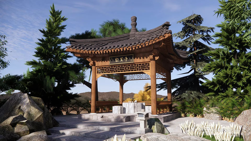 Classical Chinese Pavilion Surrounded By Trees Stones And Steps 3d model 
