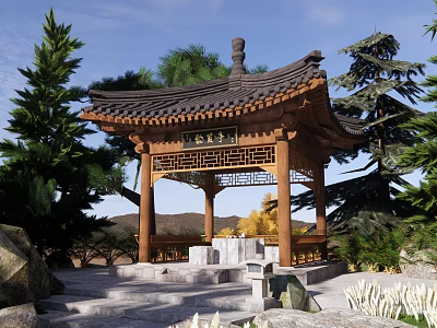 Classical Chinese Pavilion Surrounded By Trees Stones And Steps 3d model
