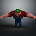3D Model Man In Green Hat Red Black Checkered Shirt Blue Overalls With Arms Outstretched