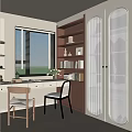 Modern Study Room Interior With White Desk Wooden Bookshelves Green Plants And Chairs
