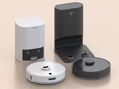 Modern Smart Kitchen Appliances Featuring Robotic Vacuum And Trash Can 3d model