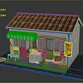 Cartoon Small Shop With Red Tile Roof Green White Striped Awning Doorway Bench And Signboard