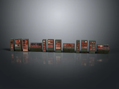 Various Models of Control Cabinets With Display Screens And Buttons On Gray Background 3d model