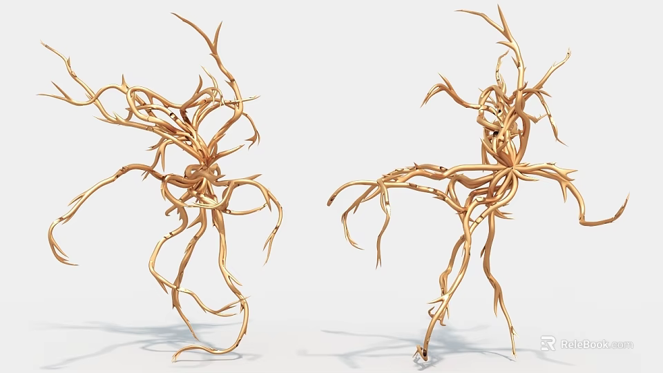 Golden Twisted Branch Art Installation With Two Dynamic Root Like Sculptures 3d model 