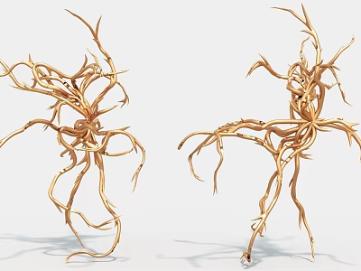Golden Twisted Branch Art Installation With Two Dynamic Root Like Sculptures 3d model