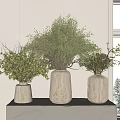 White Ribbed Ceramic Vases With Fresh Green Foliage On Indoor Stone Shelf