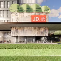 Modern Office Building With Greenery Top JD Logo OM Sign Glass Wall Lawn And Pedestrians