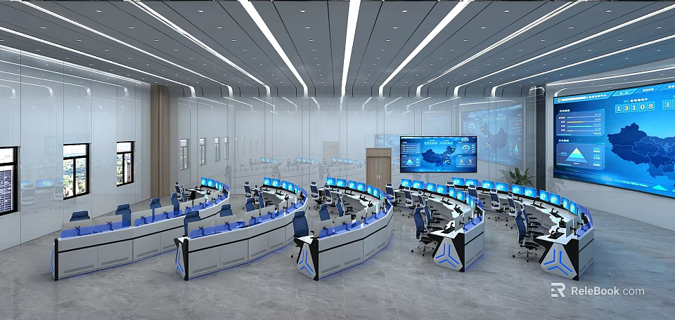 Modern Monitoring Room Interior Featuring Curved Control Desks And Multiple Screens 3d model 