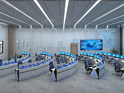 Modern Monitoring Room Interior Featuring Curved Control Desks And Multiple Screens 3d model