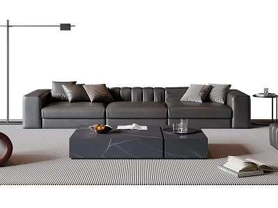 Modern Gray Sofa and Coffee Table Set With Pillows Fruit Books and Glasses on Rug 3d model