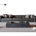 Modern Gray Sofa and Coffee Table Set With Pillows Fruit Books and Glasses on Rug
