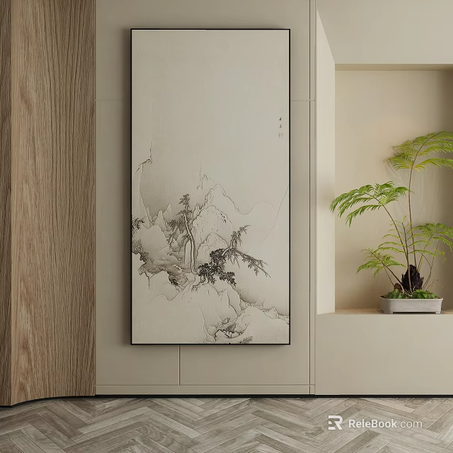 Ink Wash Style Abstract Painting Hanging on Modern Minimalist Wall With Wooden Elements and Plant 3d model 