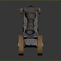 Vintage Medieval Cannon Cart Structure With Wooden Wheels And Metal Barrel
