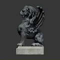 Silver Winged Lion Statue Standing On Square Stone Pedestal