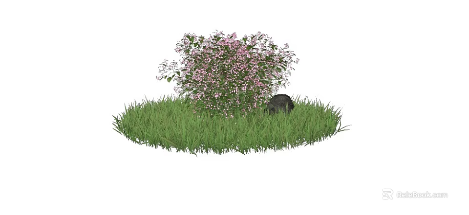 Vibrant Pink Flower Bush Surrounded By Green Grass And Black Stone 3d model 