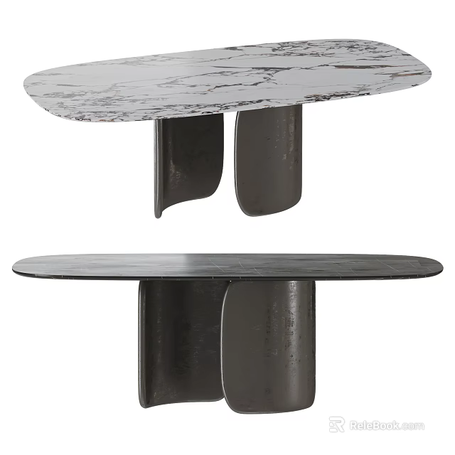 Modern Oval And Round Dining Tables With Marble And Black Tops And Metal Legs 3d model 