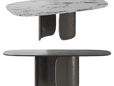 Modern Oval And Round Dining Tables With Marble And Black Tops And Metal Legs 3d model