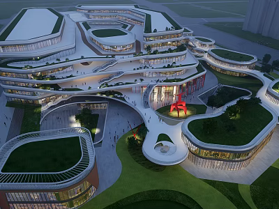 Modern Commercial Complex With Green Roofs Curved Structures Landscaped Areas And Red Sculpture 3d model