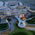 Modern Commercial Complex With Green Roofs Curved Structures Landscaped Areas And Red Sculpture