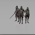 Three Armored Knights In Silver Armor With Red Gold Details And Swords