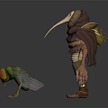 Game Movie Character With Tall Humanoid In Purple Robe Long Nose And Small Green Yellow Insect
