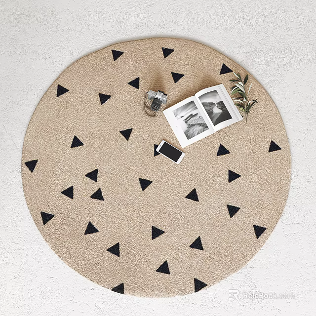 Beige Circular Rug With Black Triangles And Decor Items 3d model